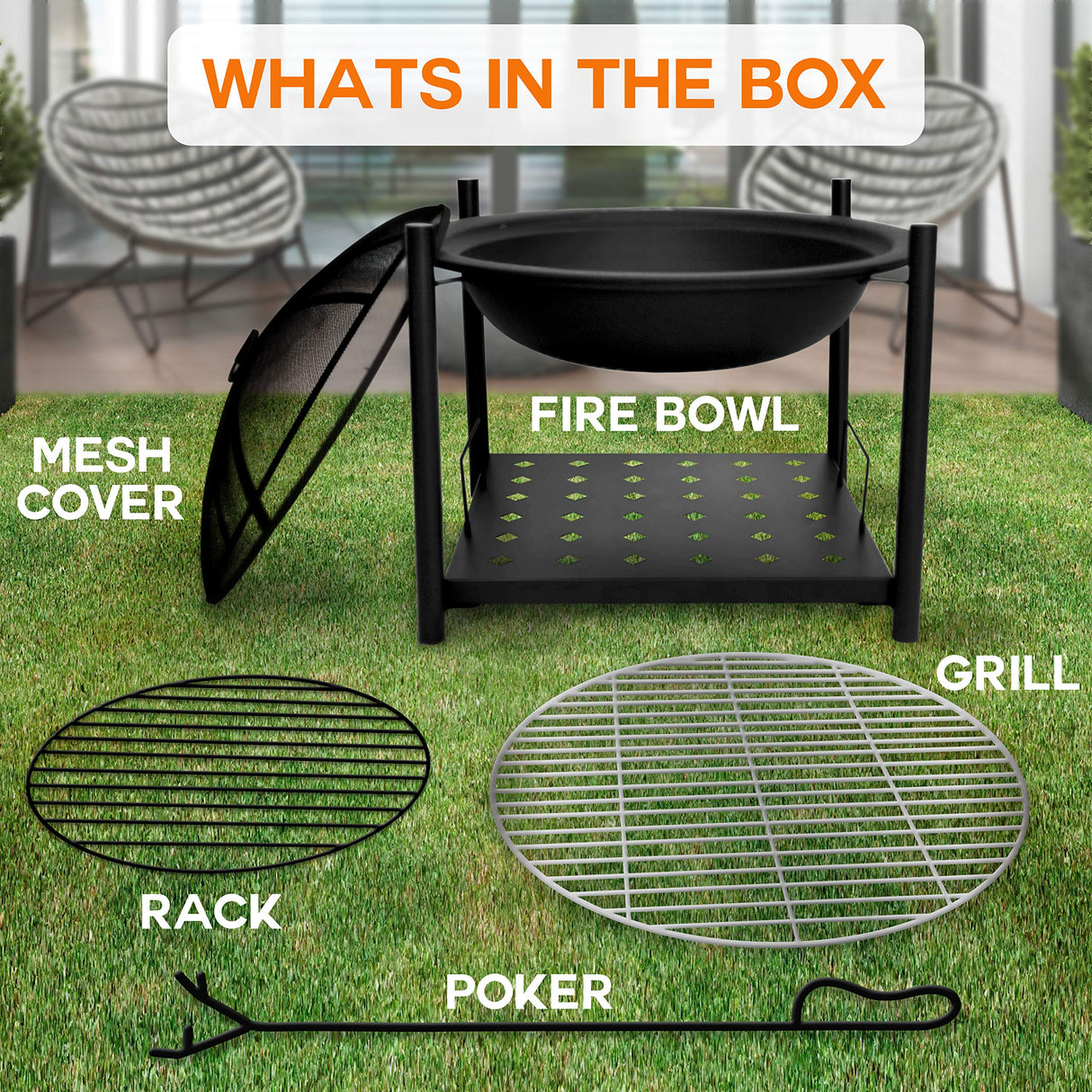 Portable Outdoor Wood Fire Pit - 2-in-1 Steel BBQ Grill 26" Wood Burning Fire Pit Bowl w/Mesh Spark Screen, Cover Log Grate, Wood Fire Poker for Camping, Picnic, Bonfire