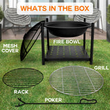 Portable Outdoor Wood Fire Pit - 2-in-1 Steel BBQ Grill 26" Wood Burning Fire Pit Bowl w/Mesh Spark Screen, Cover Log Grate, Wood Fire Poker for Camping, Picnic, Bonfire