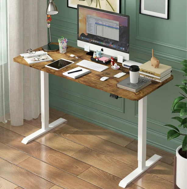 Electric Standing Desk Height Adjustable Motorised Sit Stand Desk 120cm Splice Board Home Office Workstation Walnut Table Top+ White Frame