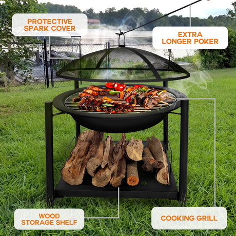 Portable Outdoor Wood Fire Pit - 2-in-1 Steel BBQ Grill 26" Wood Burning Fire Pit Bowl w/Mesh Spark Screen, Cover Log Grate, Wood Fire Poker for Camping, Picnic, Bonfire