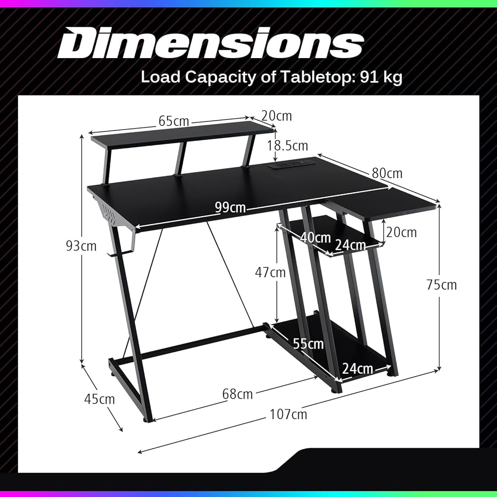 L-Shaped Gaming Desk with Outlets & USB Ports, Small Computer Desk with Monitor Shelf, Headphone Hook, Storage Shelf & Host Stand, Corner Gamer Desk with Carbon Fiber Texture