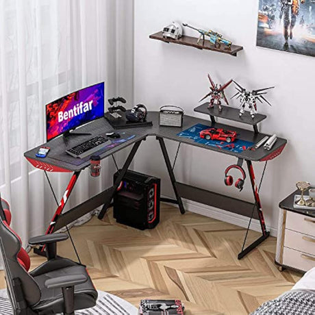 L Shaped Gaming Desk 130cm L Shaped Desk, Carbon Fiber, Computer Corner Desk with Large Monitor Riser Stand for Home Office, Gaming Desk with Shelf (Carbon Black)