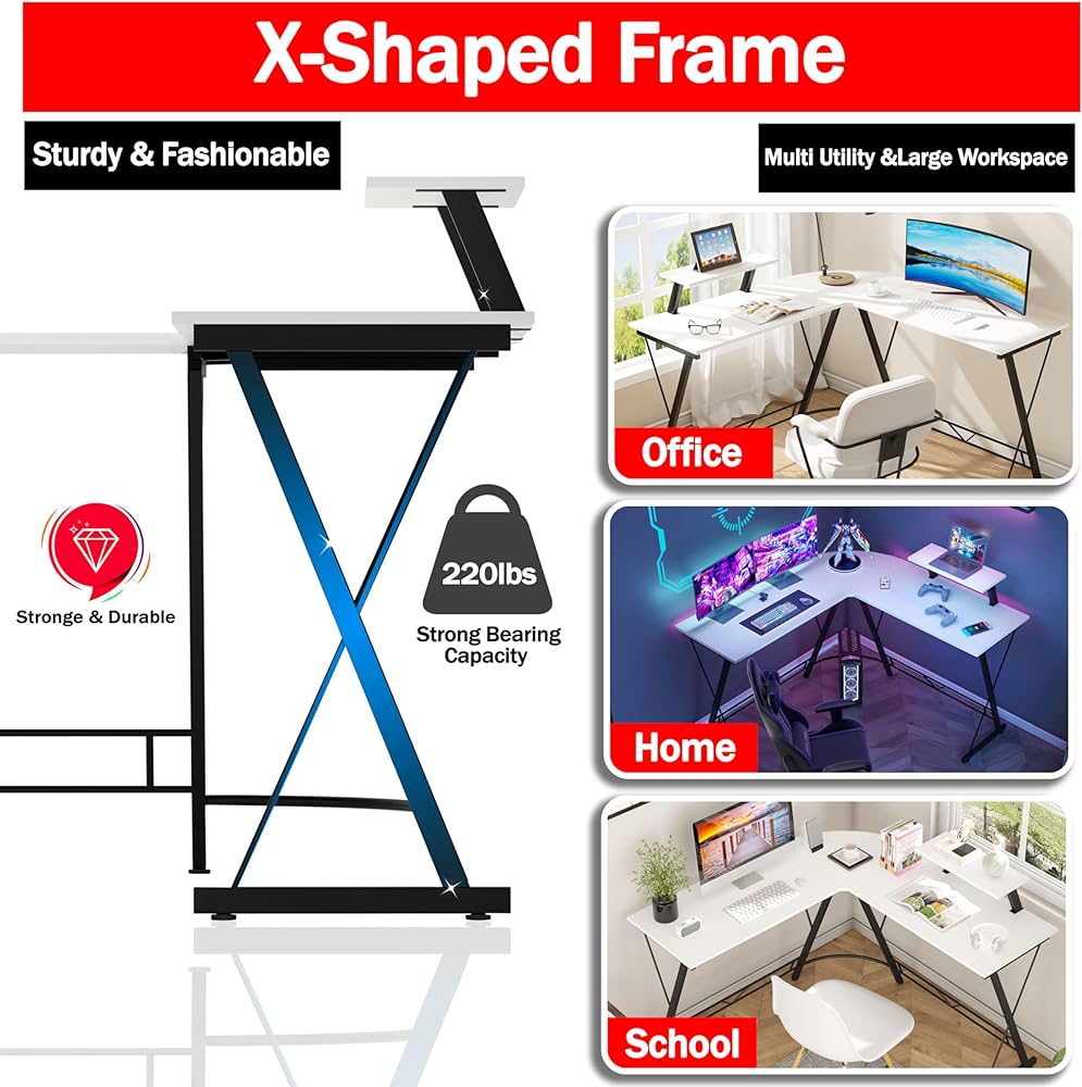 L Shaped Gaming Desk Computer Corner Desk PC Gaming Desk Table with Large Monitor Riser Stand for Ho