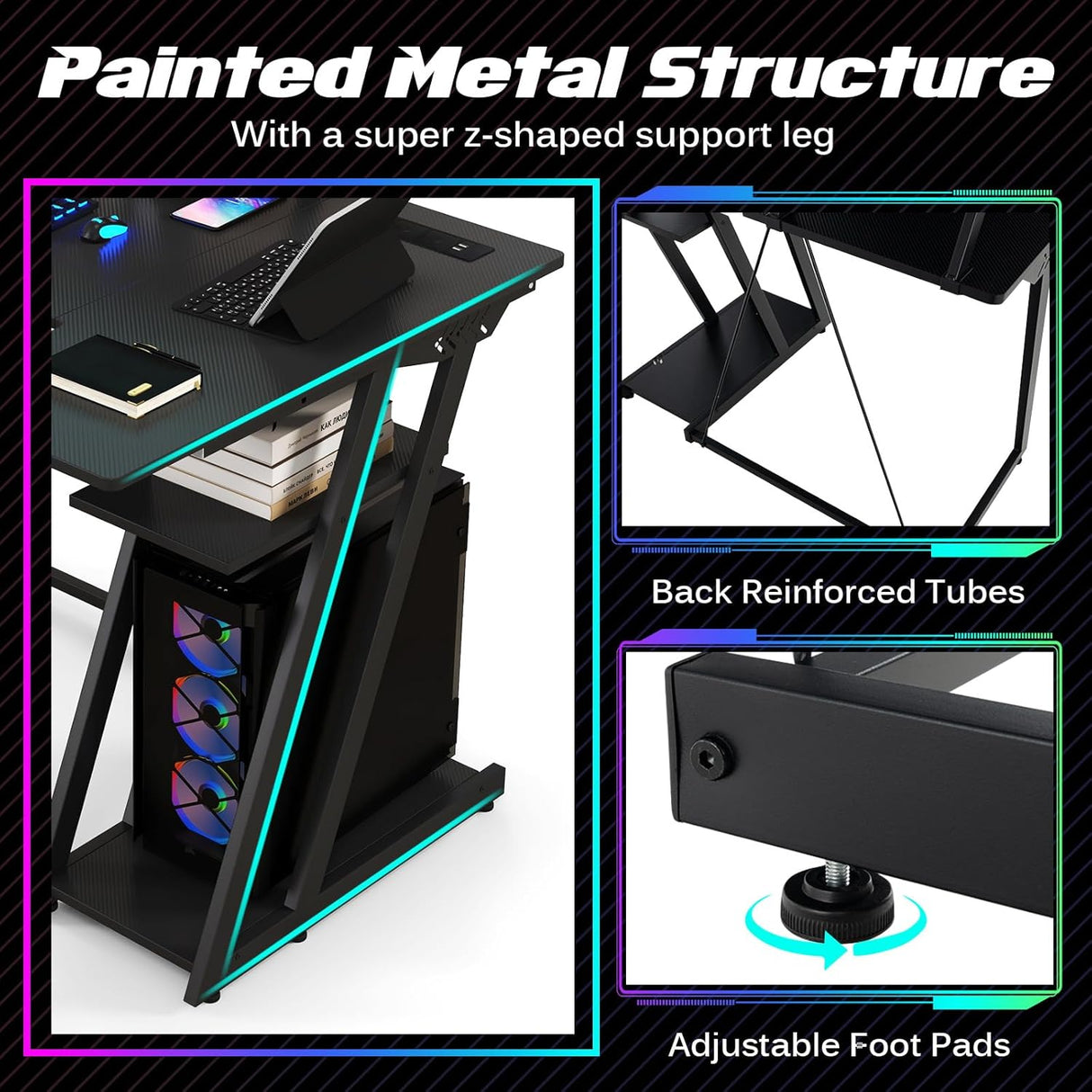 L-Shaped Gaming Desk with Outlets & USB Ports, Small Computer Desk with Monitor Shelf, Headphone Hook, Storage Shelf & Host Stand, Corner Gamer Desk with Carbon Fiber Texture