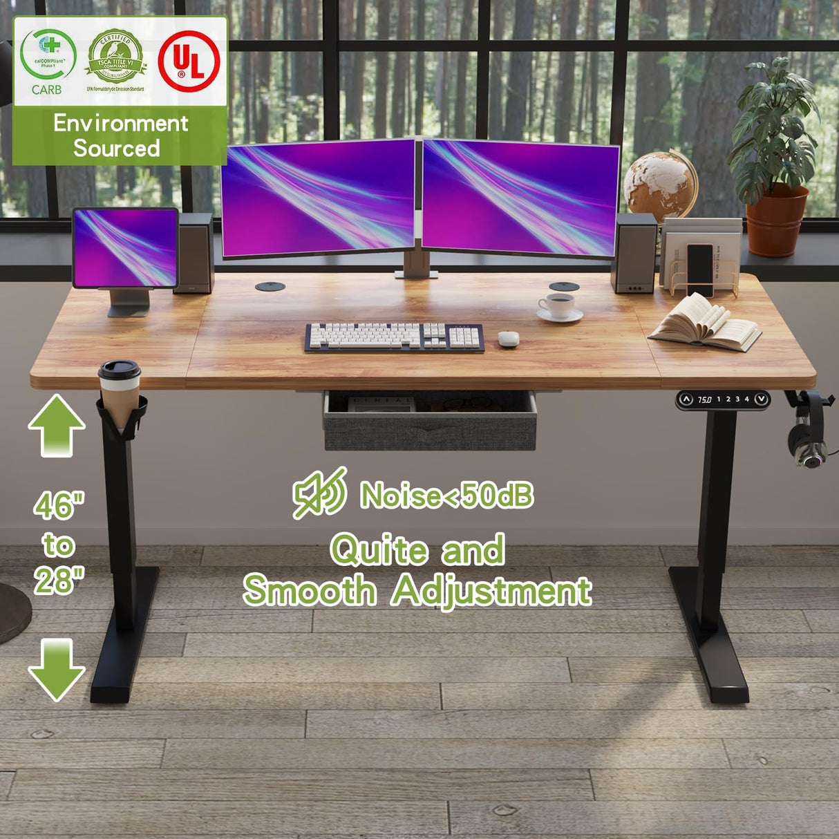 Height Adjustable Electric Standing Desk with Drawer, 63 x 30 Inch (160x76CM) Stand Up Table, Computer Desk Splice Board, Home Office Computer Ergonomic Desk