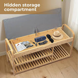 Bamboo Shoe Rack Bench, Entryway 3-Tier Bamboo Shoes Organizer with Cushion, Cabinet Storage Shelf Stand Shelves Hidden Storage Drawers, for Bedroom,Bathroom,Hallway, Natural, 150kg Maxload