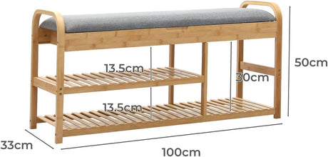 Bamboo Shoe Rack Bench, Entryway 3-Tier Bamboo Shoes Organizer with Cushion, Cabinet Storage Shelf Stand Shelves Hidden Storage Drawers, for Bedroom,Bathroom,Hallway, Natural, 150kg Maxload