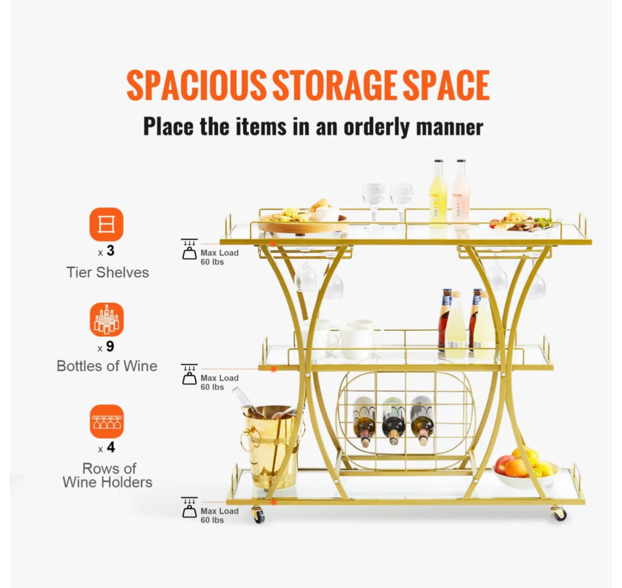 3 Tiers Gold Metal Bar Serving Cart with Wine Rack Glass Holder 180 LBS