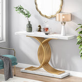 Gold Entryway Table, Modern 39-Inch Console/Accent Table with Geometric Metal Legs, Faux Marble Narrow Wood Sofa Table, Foyer Table for Entrance, Living Room (Gold & White)