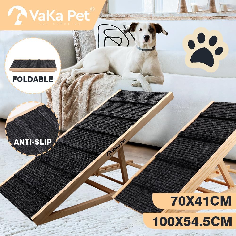 Foldable Dog Ramp, Non-Slip Pet Ramp for Bed, 30.5cm/41cm Adjustable Height, Wooden Folding Safety Dog Ramp, Suitable for Small & Large Old Dogs & Cats(M - 70cm x 41cm(O.L. x H.))