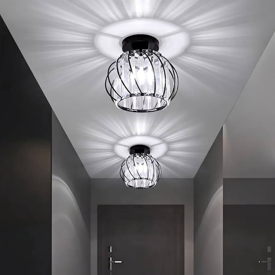 Modern Crystal Ceiling Light Fixture- Industrial Mini Semi Flush Mount Ceiling Lighting LED Crystal Chandeliers Fitting for Kitchen Hallway Dining Rooms Living Room (A-Black)