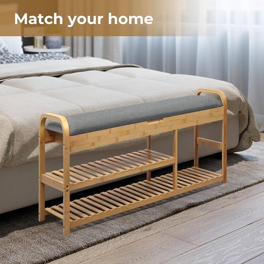 Bamboo Shoe Rack Bench, Entryway 3-Tier Bamboo Shoes Organizer with Cushion, Cabinet Storage Shelf Stand Shelves Hidden Storage Drawers, for Bedroom,Bathroom,Hallway, Natural, 150kg Maxload