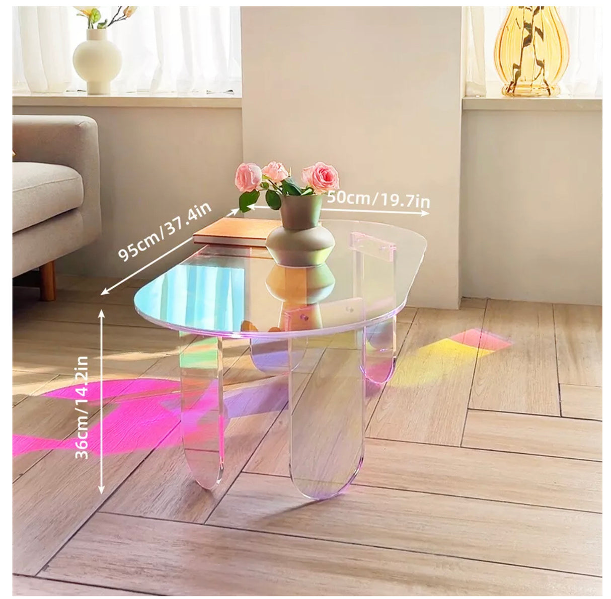 Acrylic Coffee Table Iridescent Oval Side End Table Living Room Office Reception