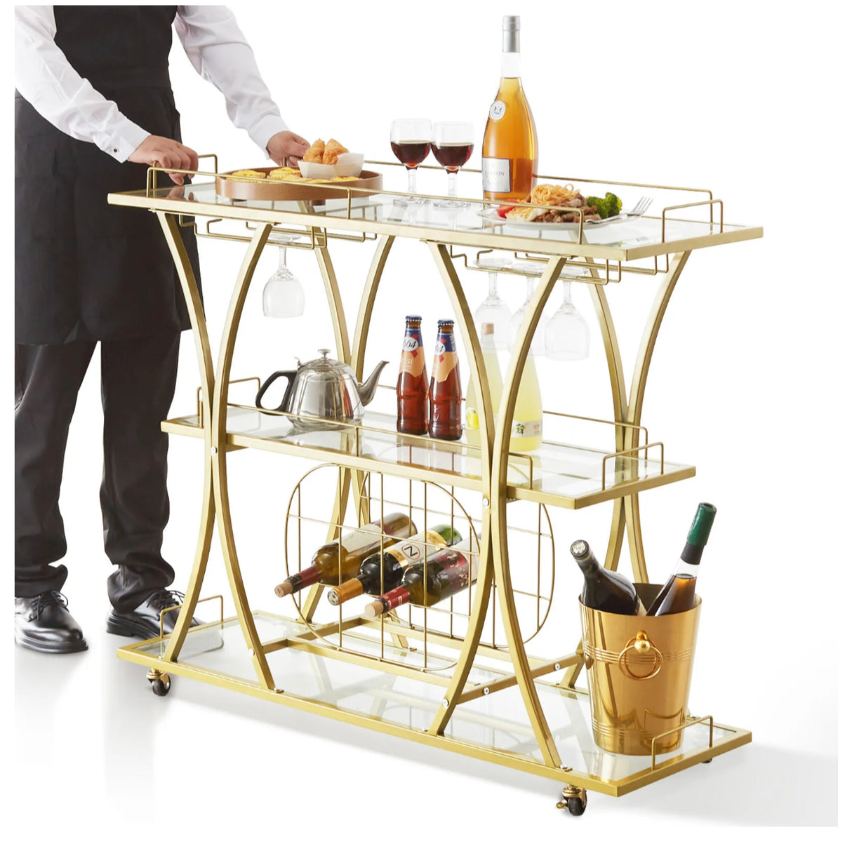 3 Tiers Gold Metal Bar Serving Cart with Wine Rack Glass Holder 180 LBS