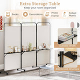 3-Panel Folding Room Divider, 188cm Rolling Privacy Screen w/ 3 Metal Shelves, Lockable Wheels, Portable Wall Divider Separator, Freestanding Privacy Protection for Living Room