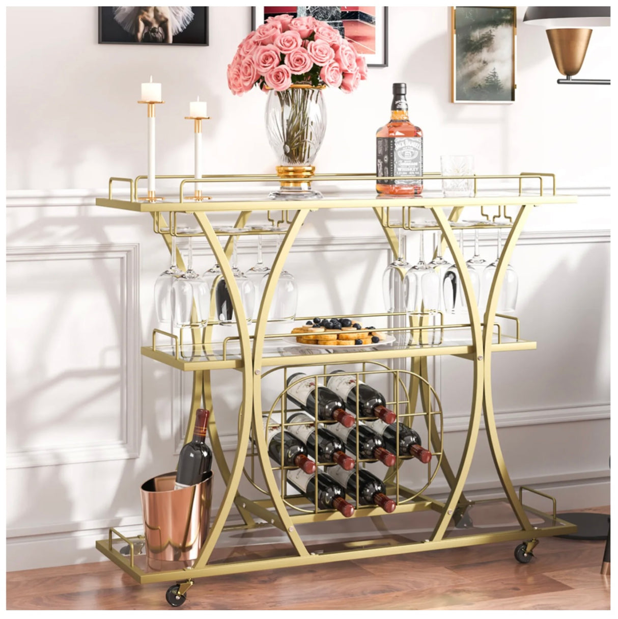 3 Tiers Gold Metal Bar Serving Cart with Wine Rack Glass Holder 180 LBS