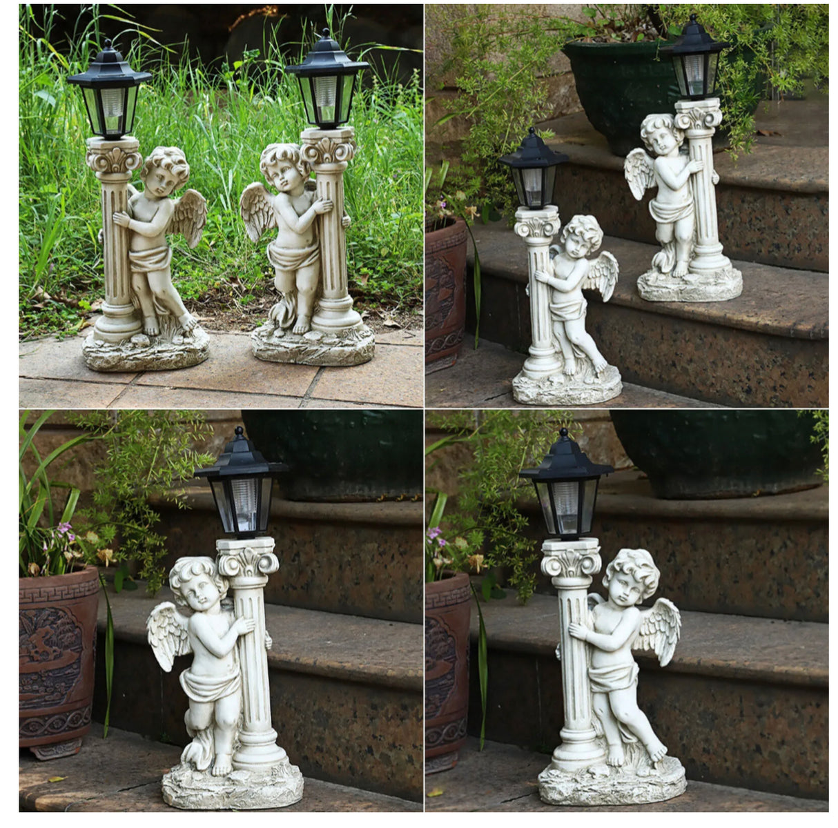 Solar Powered Garden Ornaments angel Statue Roman Pillar Resin Fairy Statue