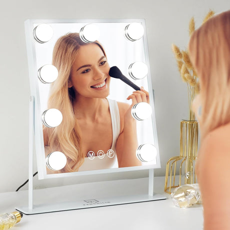 Vanity Mirror with Lights Hollywood Lighted Makeup Mirror with 9 LED Bulbs, 3Colors Dimable Light Detachable 10X Magnification(White)