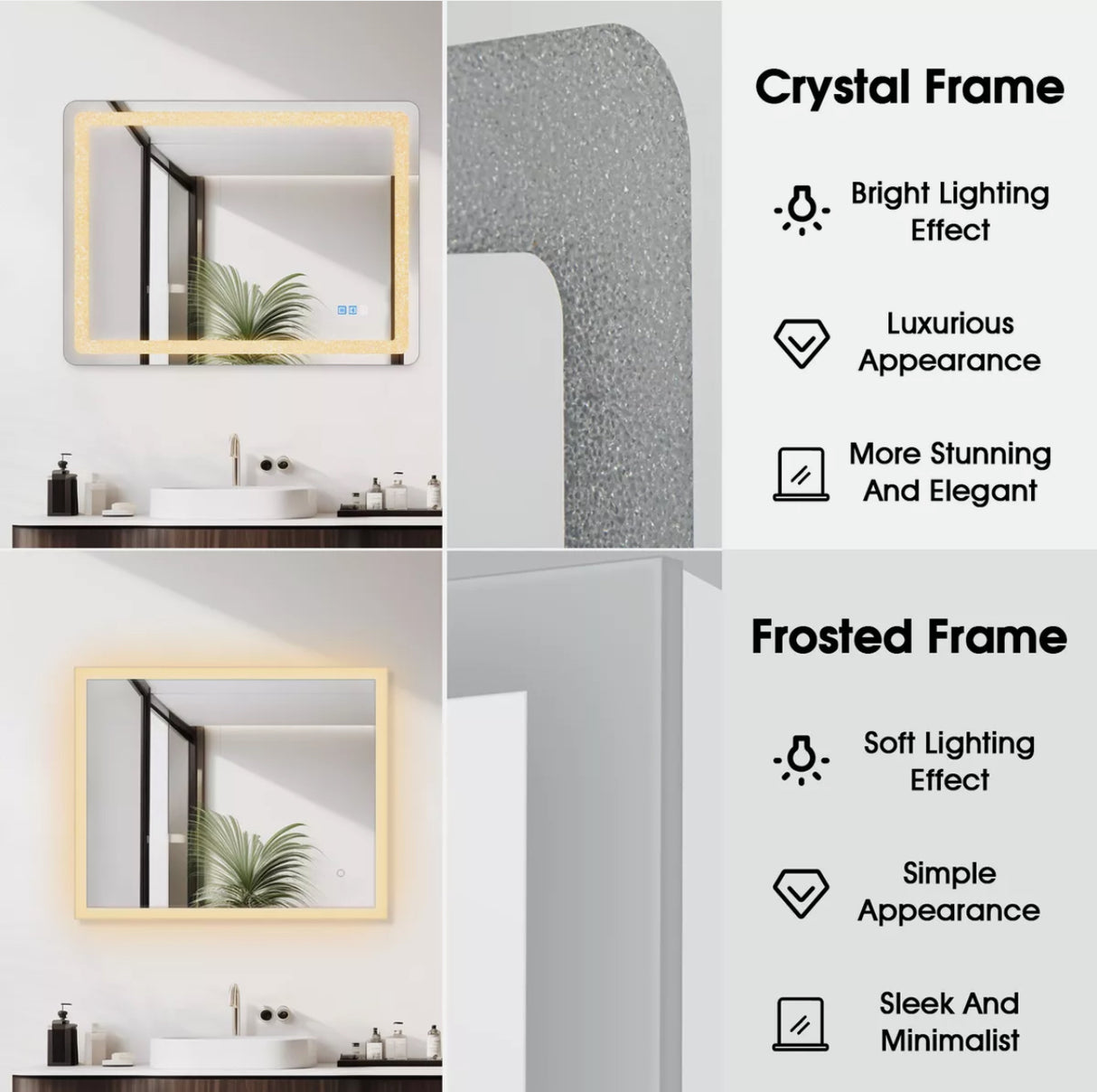 Touch LED Crystal Light Wall Vanity Bluetooth Anti-fog Makeup Mirror 800x600mm