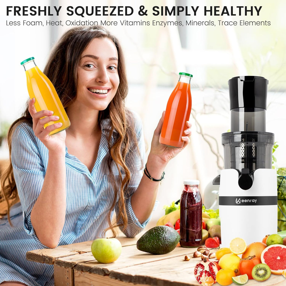 Juicer Machine for Whole Fruits and Vegetables, Cold Press Slow Juicer with Wide Mouth 80mm Feeding Chute, Reverse Function Quiet Motor Fresh Healthy Juice Extractor, EL18, Grey