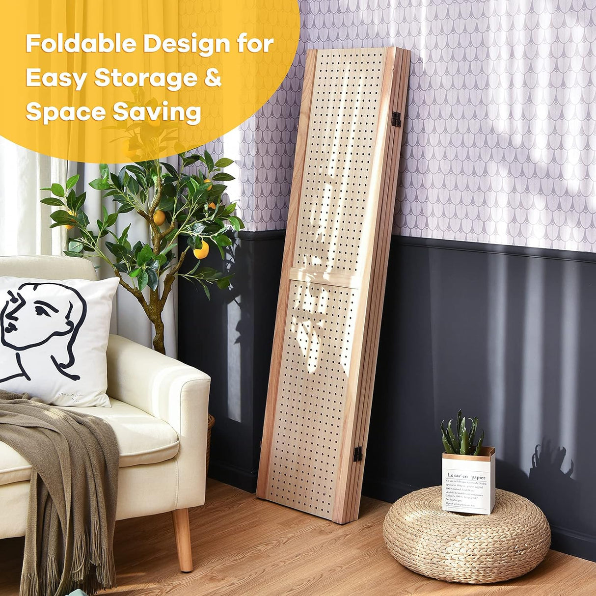 4-Panel Pegboard Display, 152 cm Tall Folding Privacy Screen, Portable Jewelry Clothes Tool Organizer for Retail, Craft Shows, Home Decoration, Freestanding Partition Room Divider, Natural