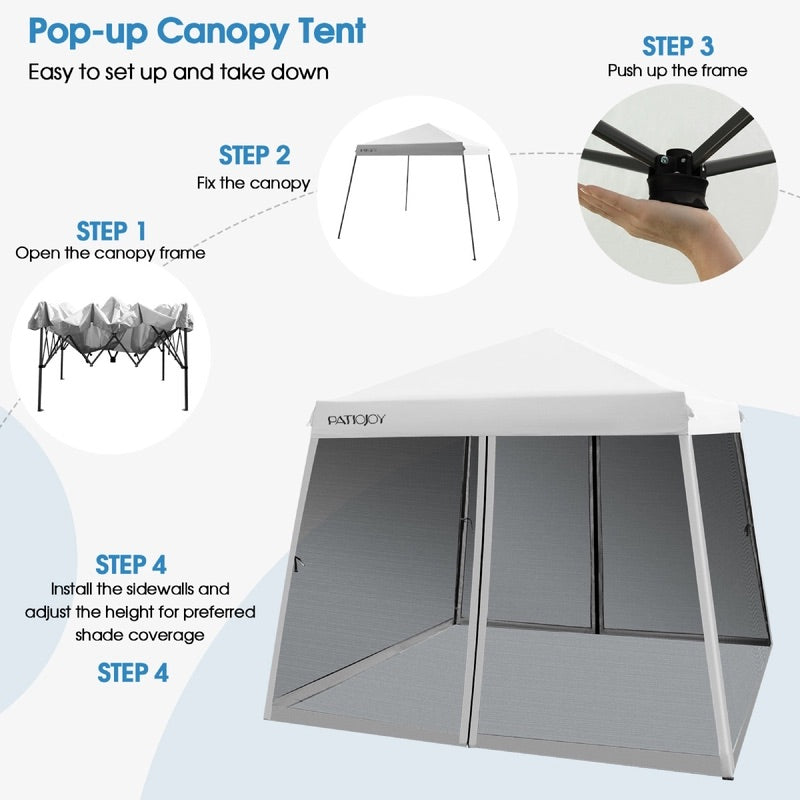 Folding Canopy Sun Shelter Tent w/Mesh Sidewalls Outdoor Picnic Camping White