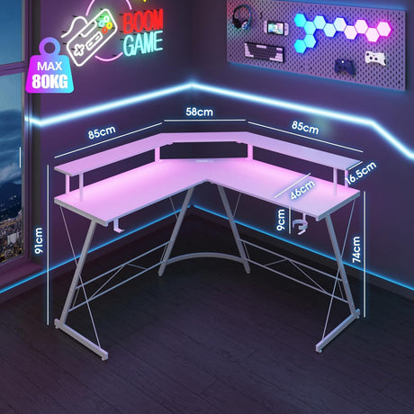 L Shaped Gaming Desk with LED Lights & Power Outlets Computer Desk with Monitor Stand Corner Desk