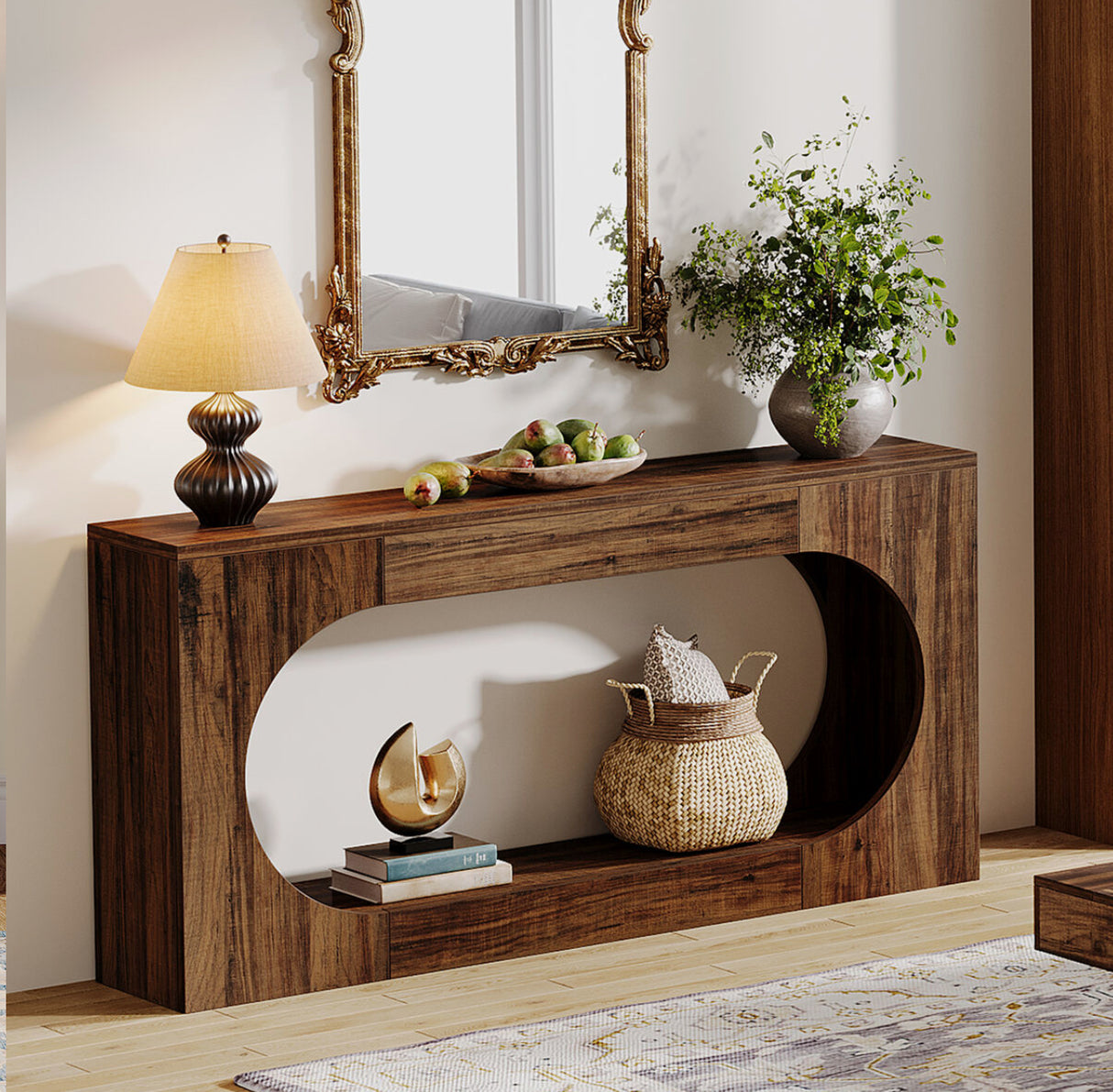 Wood Hallway Behind Couch Table Accent Table for Living Room, Rustic Brown