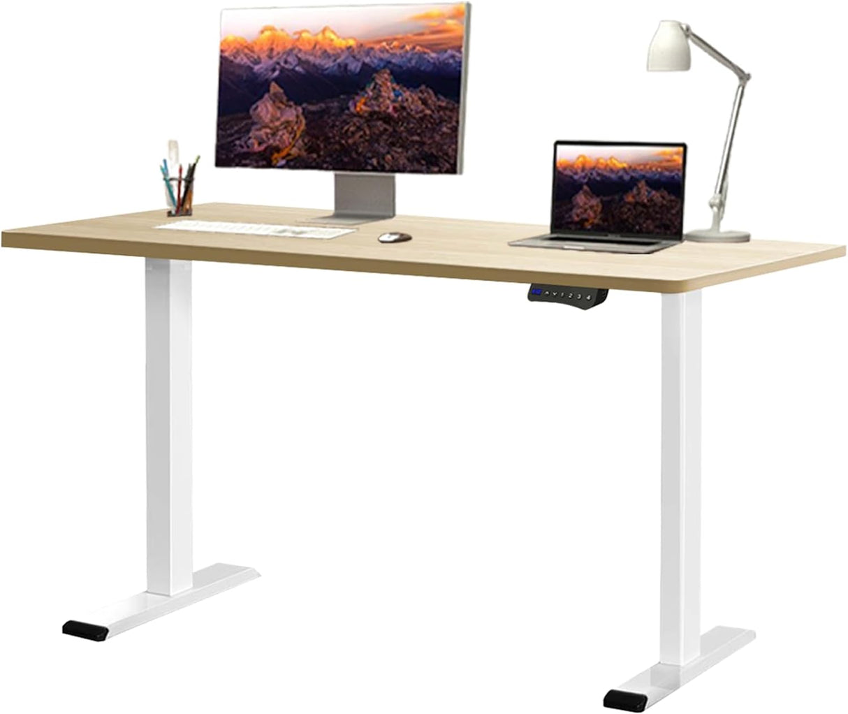 Electric Standing Desk - Motorized Height Adjustable Sit Stand Table with Touch Control Panel and Cable Management - Ideal for Home Office and Workstation Ergonomics… (White Frame&140cm Log Top)