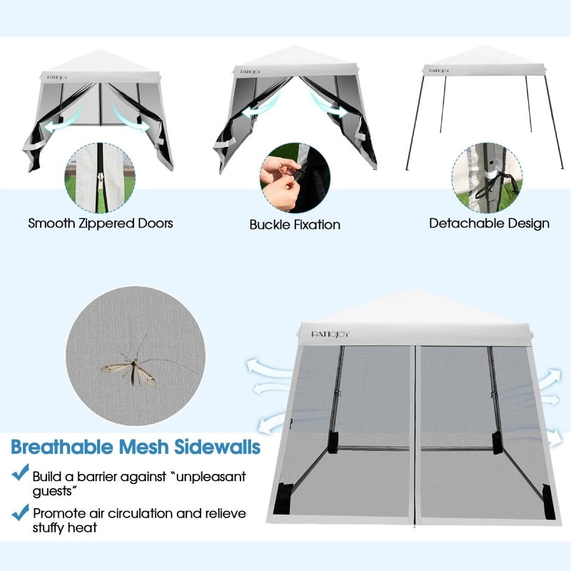 Folding Canopy Sun Shelter Tent w/Mesh Sidewalls Outdoor Picnic Camping White