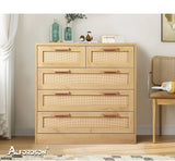 Rattan Dresser with 5 Drawers Hallway Tallboy, Bedroom Chests of Drawers with Handles, Living Room Side Cabinet Standing Storage Cupboard, Home Furniture Organiser Sideboard, Wood Colour