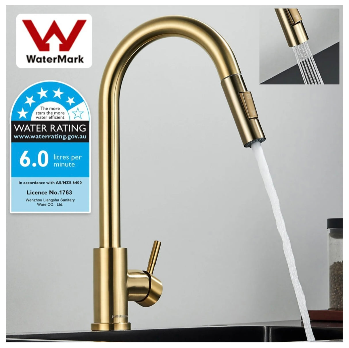 Brushed Gold WELS Kitchen Mixer Tap Sink Pull-Out Faucet 360° Swivel Spout AUS