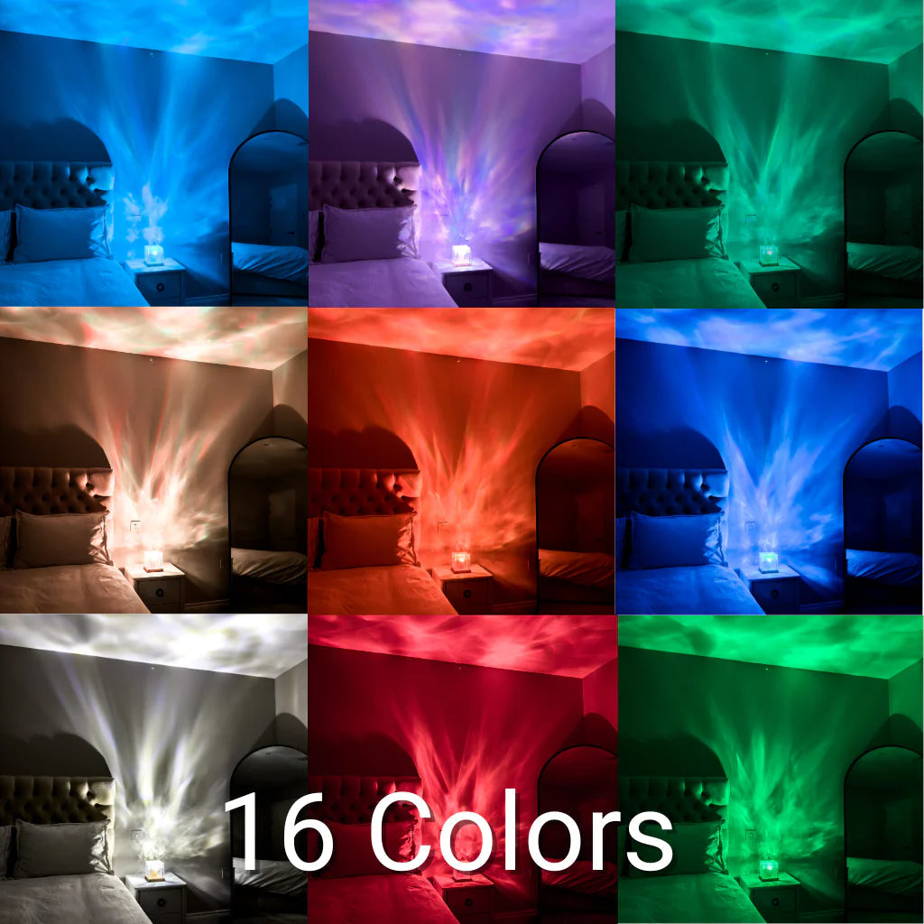 Northern Lights Lamp, Cube Ocean Water Ripple Projector, 16 Colors Rotating Flame Lamp Dynamic Ripple Effect for Bedroom, Office, Bar, and Restaurant Decor