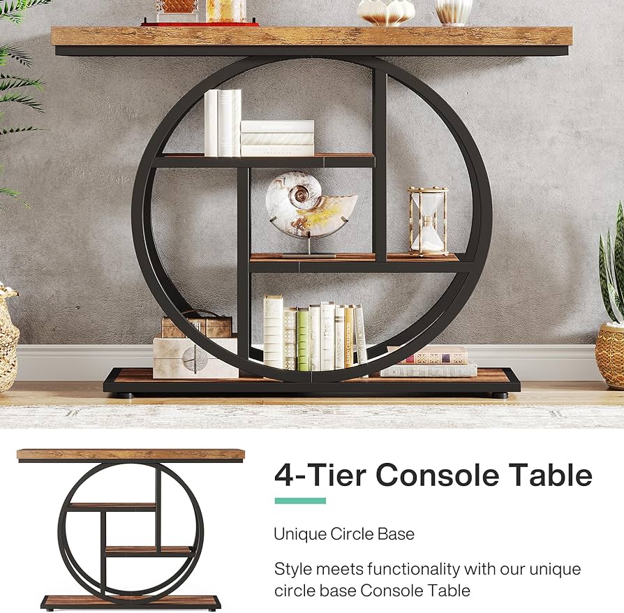 41.3" Console Table, Industrial 4-Tier Sofa Table Entryway Table with Circle Base, Narrow Wood Accent Tables with Storage Shelves for Living Room, Hallway, Foyer, Rustic Brown