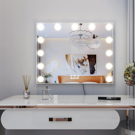 Vanity Mirror Hollywood Mirror with Lights,Led Makeup Mirror with Magnifying Mirror Bedroom Table Mirror/Wall Mounted Mirror Big Mirror (50.5x39.7cm, White)