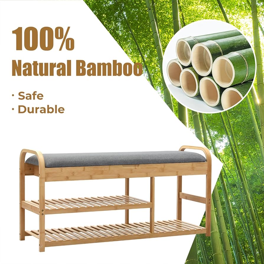 Bamboo Shoe Rack Bench, Entryway 3-Tier Bamboo Shoes Organizer with Cushion, Cabinet Storage Shelf Stand Shelves Hidden Storage Drawers, for Bedroom,Bathroom,Hallway, Natural, 150kg Maxload