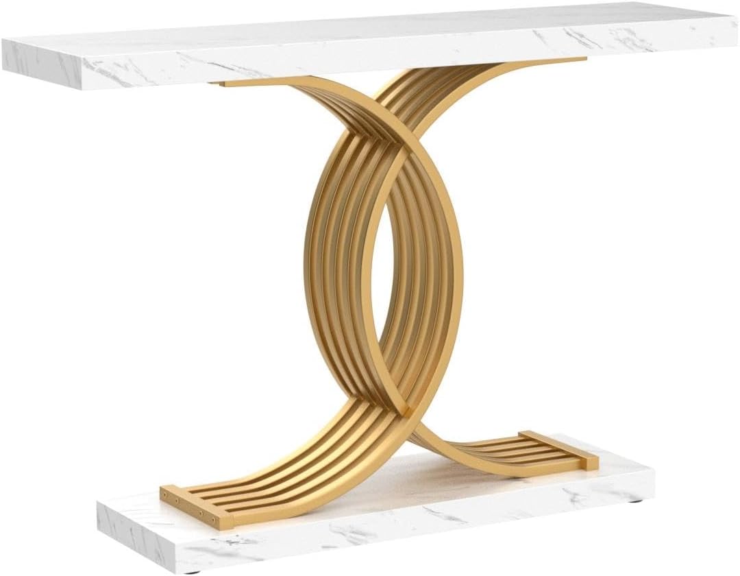 Gold Entryway Table, Modern 39-Inch Console/Accent Table with Geometric Metal Legs, Faux Marble Narrow Wood Sofa Table, Foyer Table for Entrance, Living Room (Gold & White)