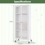 Glass Doors Storage Cabinet w/Wheels, Mobile 2 Doors Food Pantry Cupboard Cabinet, Bookcase Bookshelf w/Adjustable Shelves, Kitchen Sideboard Bathroom Cabinet for Dining Room, Living Room