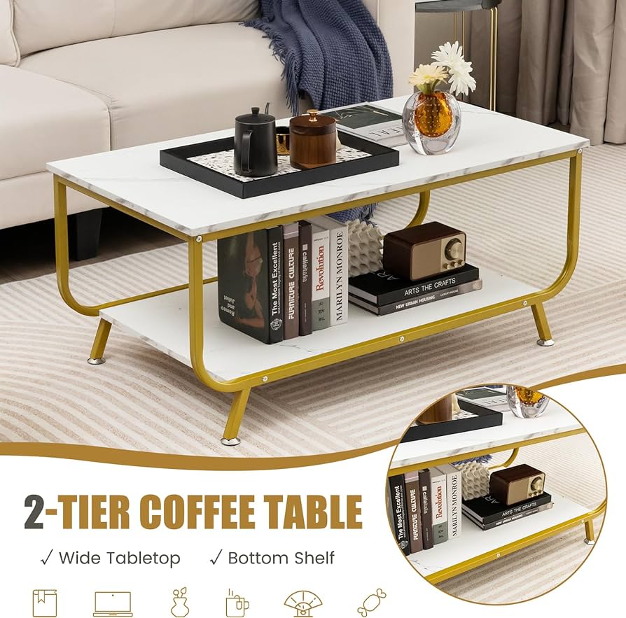 Marble Coffee Table, 2-Tier Faux Marble Top Coffee Table w/Metal Frame, Rectangular Living Room Table w/Storage Shelf, Sofa Side Table, Accent Table for Living Room, Office, Balcony