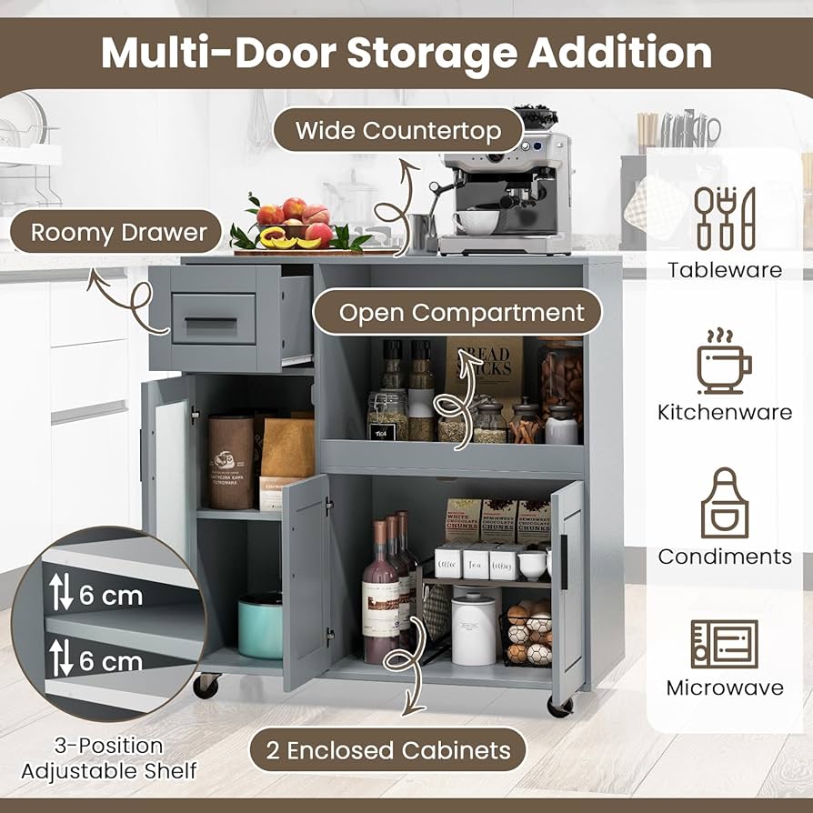 Rolling Kitchen Island with Wheels, Kitchen Cart with Drawer and Glass Door Storage Cabinet, Buffet Sideboard Cabinet Portable Kitchen Island with Microwave Shelf, Grey