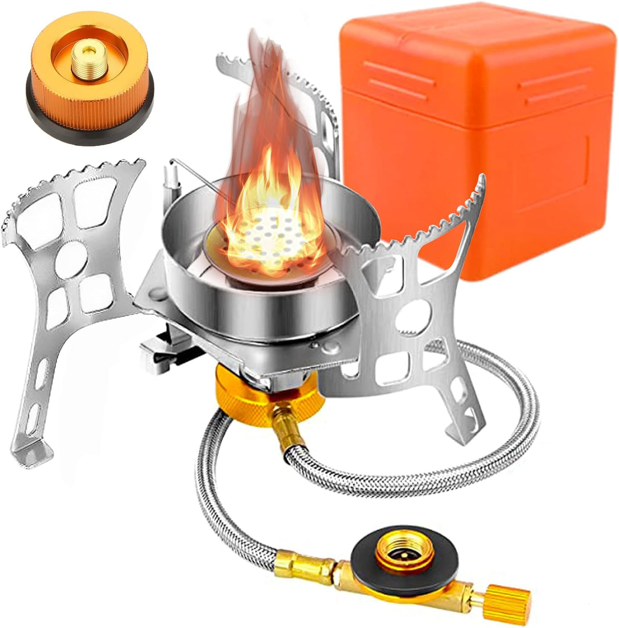 3900W Camping Stove Gas Portable, Upgraded Windproof Fishing Stove with Piezo Ignition, Adapter, Car