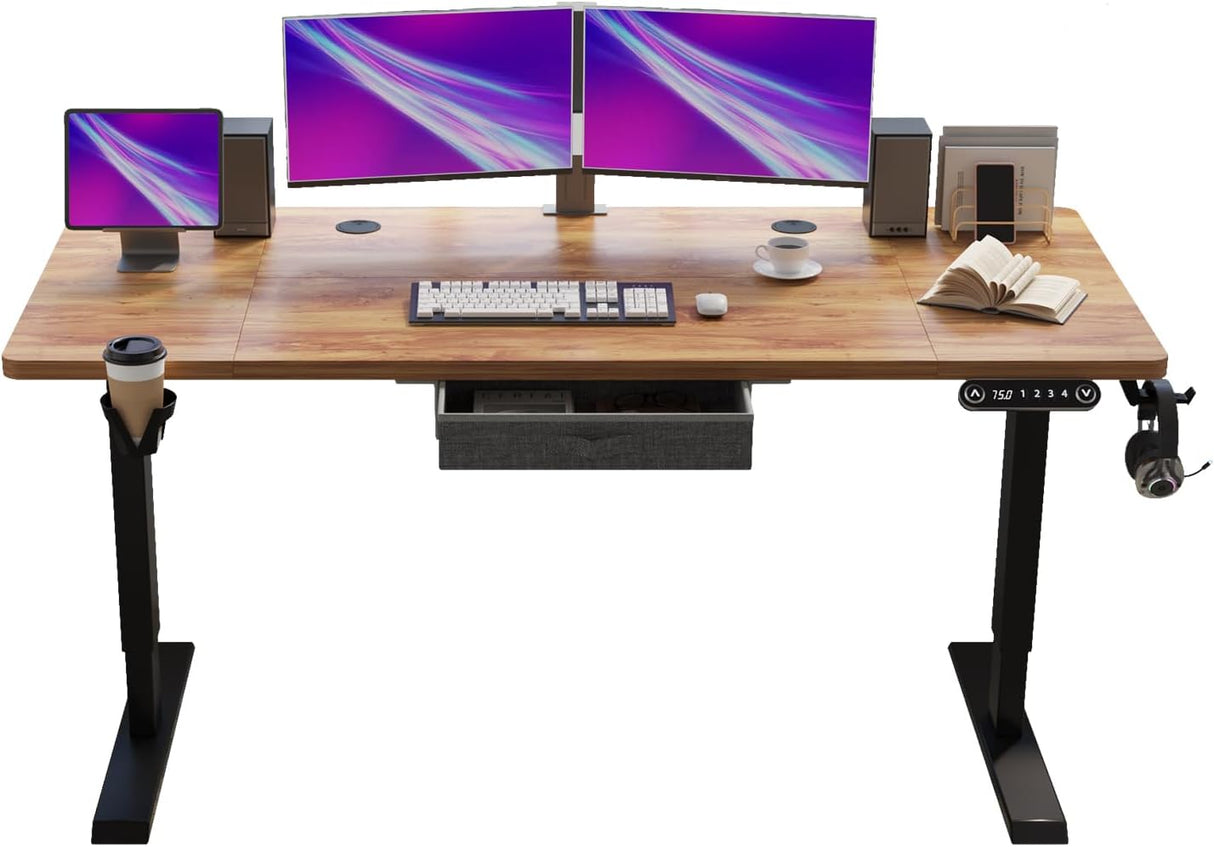 Height Adjustable Electric Standing Desk with Drawer, 63 x 30 Inch (160x76CM) Stand Up Table, Computer Desk Splice Board, Home Office Computer Ergonomic Desk