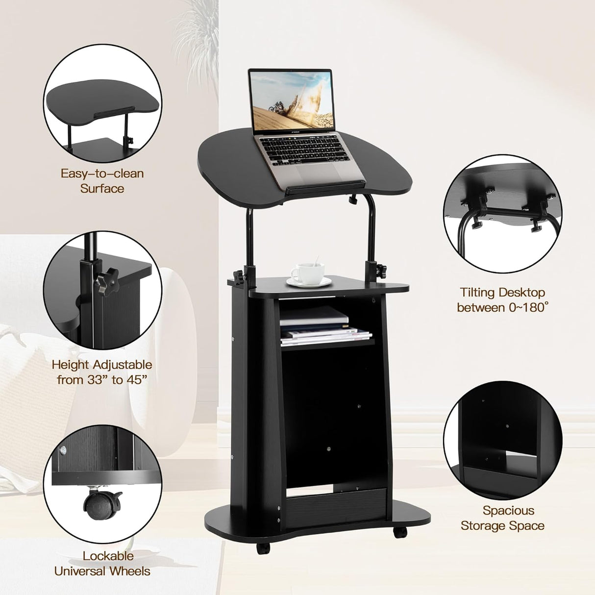 Mobile Podium Stand,Portable Height Adjustable Lectern Podium Stand with Tilting Desktop & Storage,Standing Laptop Desk with Wheels,Podium Stand for Classroom Home Office