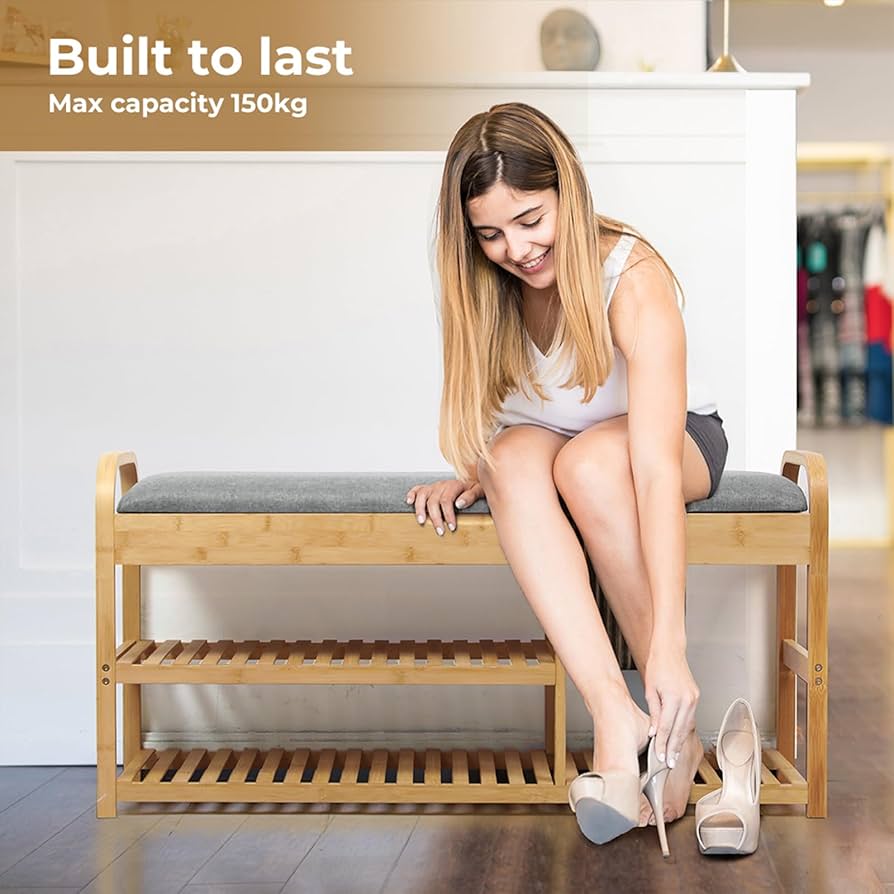 Bamboo Shoe Rack Bench, Entryway 3-Tier Bamboo Shoes Organizer with Cushion, Cabinet Storage Shelf Stand Shelves Hidden Storage Drawers, for Bedroom,Bathroom,Hallway, Natural, 150kg Maxload