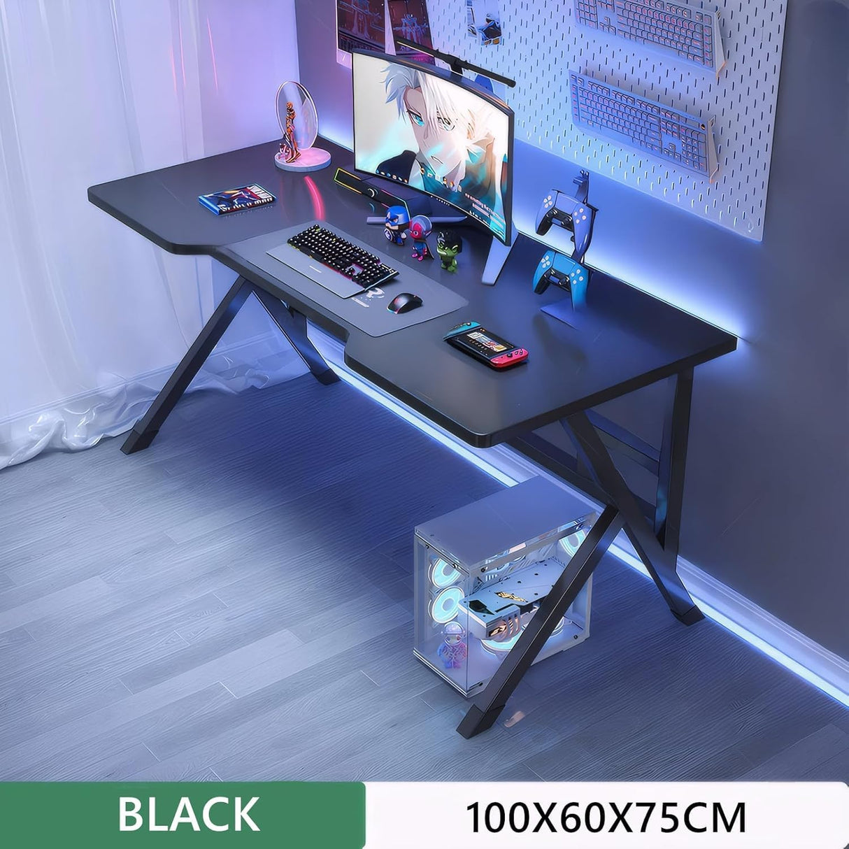 Ergonomic Large Gaming Desk, 100CM Computer Desk, K-Shaped Gaming Table, PC Gaming Workstation Home Office Desks, Space-Saving, Easy to Assemble (Black, 100CM)