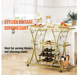 3 Tiers Gold Metal Bar Serving Cart with Wine Rack Glass Holder 180 LBS