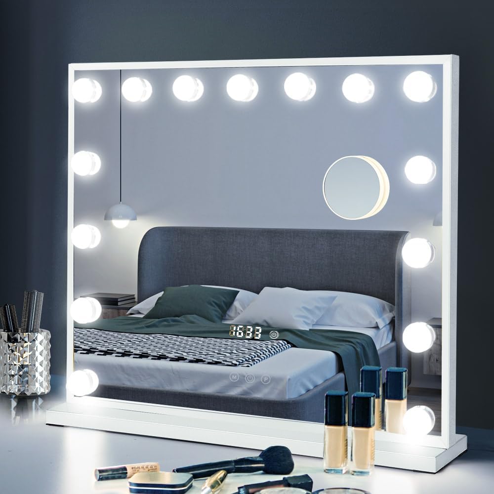 Hollywood LED Mirrors Vanity Makeup Mirror with Lights Stand, Smart Touch Control Screen and Time Display, 15 Dimmable LED Lights Stable Base White, 60x52cm