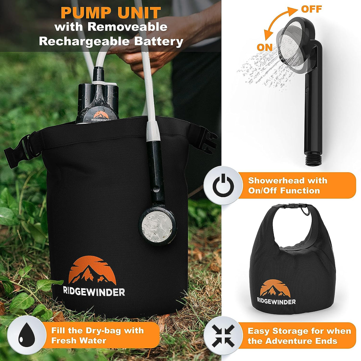 Portable Shower for Camping with Dry Bag - Camp Shower with Rechargeable Battery and Included 10L Dry Bag for Water Storage. Complete Camping Shower in a Bag (+Sprayer Attachment).