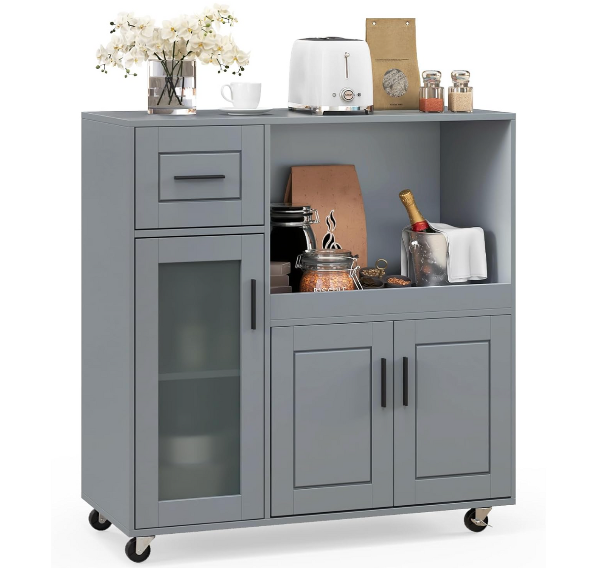 Rolling Kitchen Island with Wheels, Kitchen Cart with Drawer and Glass Door Storage Cabinet, Buffet Sideboard Cabinet Portable Kitchen Island with Microwave Shelf, Grey