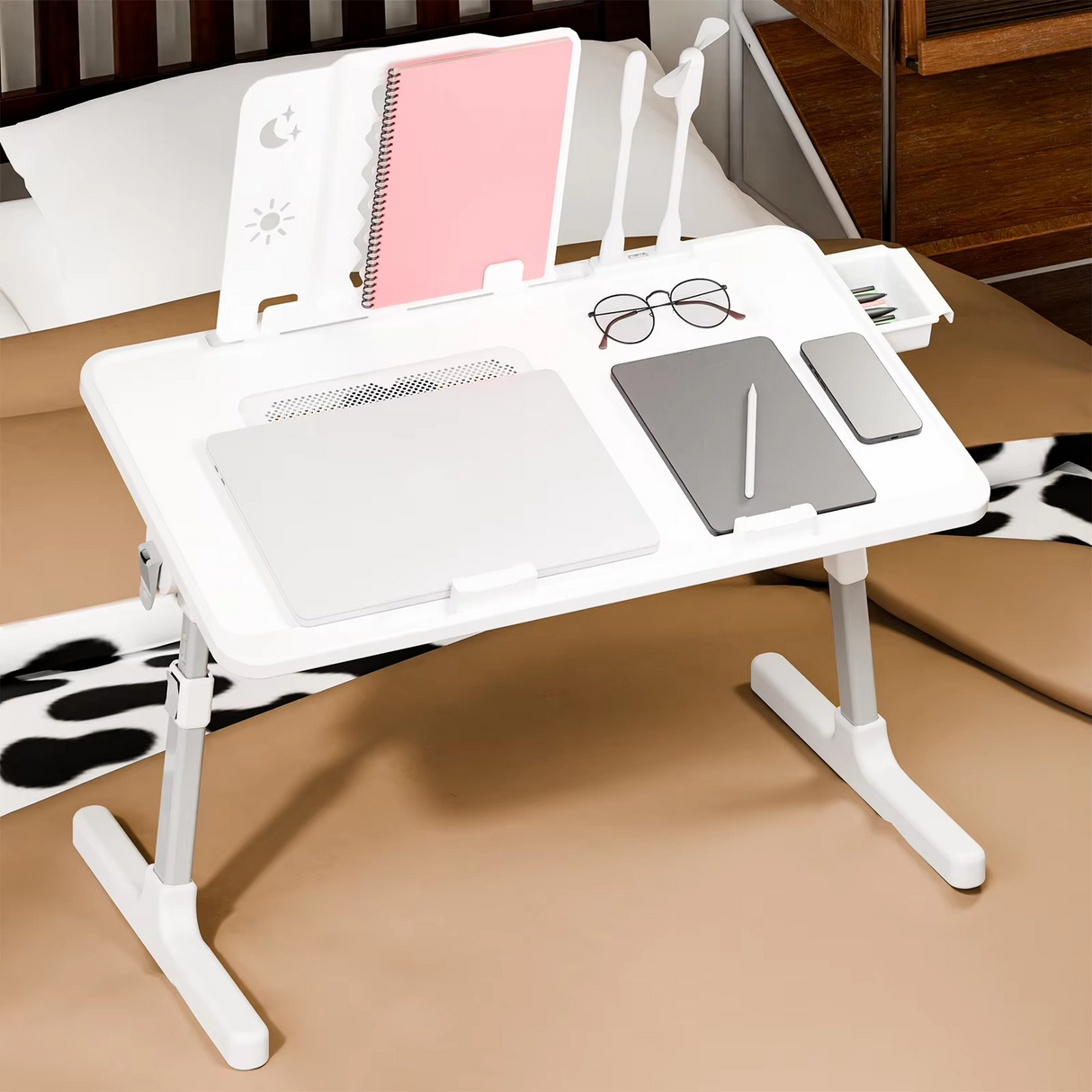 Laptop Lap Desk, Laptop Bed Tray Table, Adjustable Lap Desk with Light Fan, Folding Laptop Desk for Bed with USB